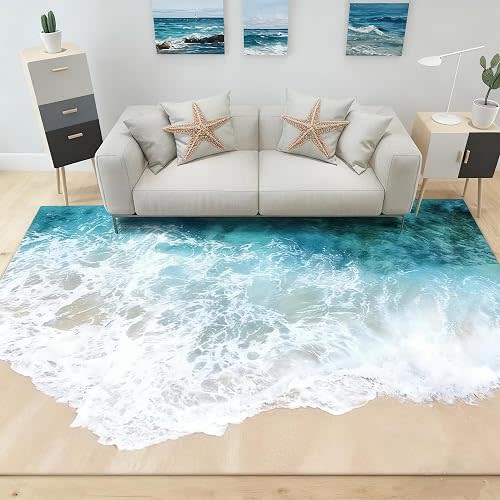 Coastal Rugs with Beach Theme Rug, 3.9’x5.2' Large Blue Sea Ocean Rug for Livingroom-Non-Slip Nautical Area Mats for Home Tropical Decor