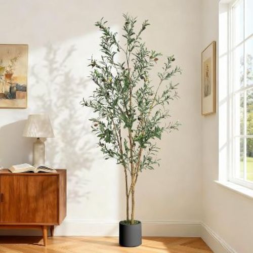 Olive Trees Artificial Indoor,Faux Olive Tree with Planter & Green Fake Moss, Artificial Plants with Natural Wood Trunk & Lifelike Fruits