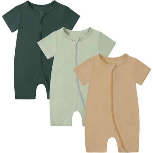 OPAWO Bamboo Baby Pajamas 3 Pack, Double Zipper Bamboo Sleepers for Baby Boy Girl Romper, Toddler Summer Clothes Outfit 0-24M