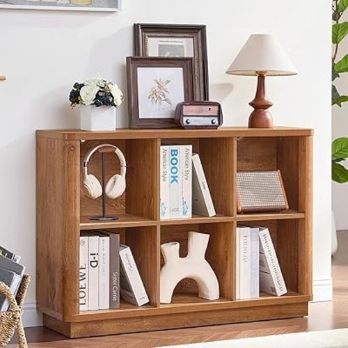 6 Cube Storage Book Shelf, 40" Wide Low Horizontal Bookcase with Curved Edge, Floor Standing 2-Tier Wooden Bookshelf with Base, Modern Short Book Case for Bedroom, Study, Entryway, Brown