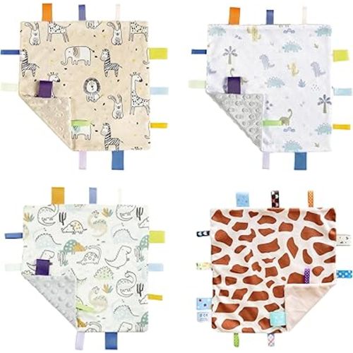 CREVENT Tag Security Blankets for Babies, Soft Small Loveys for Boys, Baby Comforter Sensory Blanket, Great Gifts for Birthday Baby Shower (10"X10" 4 Colors)