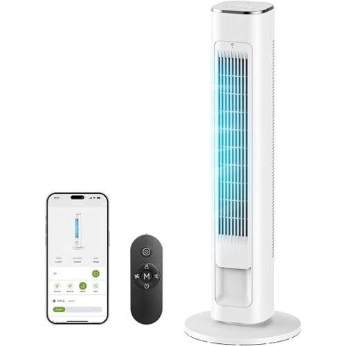 MORENTO 36-Inch Smart Tower Fan with Remote, 25ft/s Standing Fan with WiFi, App & Voice Control, 4 Modes, 4 Speeds, 12-Hour Timer, 90° Oscillating Fan for Bedroom and Office, White, 1 Pack