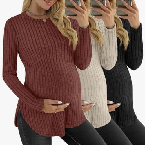3 Pack Women's Maternity Shirts, Ribbed Long Sleeve Pregnancy Sweaters Curved Hem Split Side Crew Neck Tunic Tops
