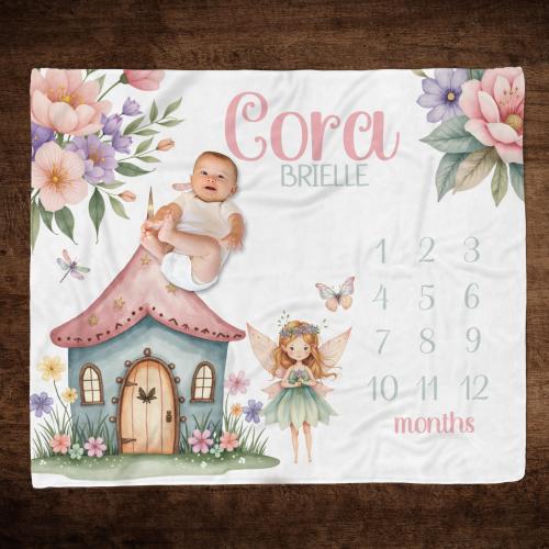 PERSONALIZED MILESTONE BLANKET, Fairy Garden Baby Blanket, Fairy Milestone Blanket, Baby Girl Month Blanket, Fairy House Floral Milestone