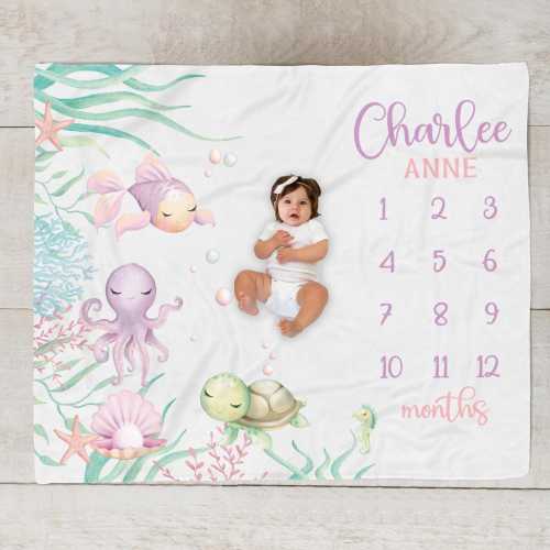 Ocean Milestone Blanket, Personalized Baby Girl Month Blanket, Under the Sea Baby Girl Shower Gift, Sea Turtle Nautical , New Mom Gift SM576