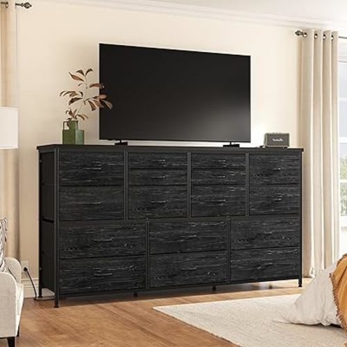 16 Drawers Long Dresser for Bedroom, 51"W Dressers with Power Outlets for 60"Inch TV for Living Room, Entertainment Center with Storage, Media TV Stand Console Table 51.1''W*11.8''D*34.8''H, Black