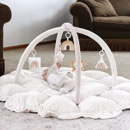 Baby and Toys - USA 5-in-1 Thick & Plush Baby Play Gym, Baby Play Mats for Floor, Tummy Time Mat with 6 Toys, Cat Bed, Dog Bed, Convertible Stage-Based Developmental from Baby to Toddler, Ball Pit, Pet Cushion Cloudico - White