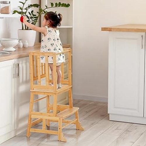 COSYLAND Toddler Standing Tower - Wooden Kitchen Step Stool Helper for Kids - Kitchen Tower with Anti-Tip Support Legs for Kitchen and Bathroom (Natural)