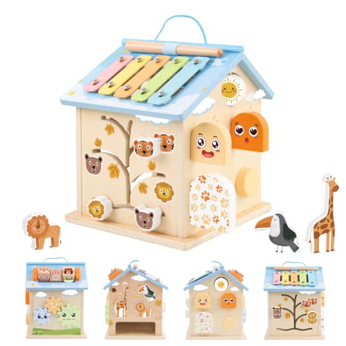 Wooden Activity Cube 8-in-1 Montessori Toys for 6 Months Old 1 2 3 Toddlers | Baby Activity Center Wood Cube Shape Sorter Educational Learning Boys Girls Birthday Gifts