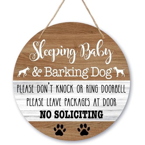 Baby Sleeping Sign Decor, Do Not Knock Or Ring Doorbell Hanging Sign For Front Door, No Soliciting Sign For Home Baby Room Nursery Outdoor, Funny Dog Warning Round Door Hanger Decorations -b03
