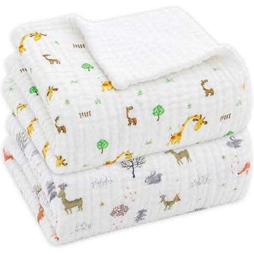 Aablexema Muslin Baby Blanket Set of 2, White Animal Set