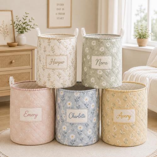 Custom Name Flower Storage Bin, Vintage Wildflower Quilt Laundry Basket, Floral Laundry Basket, Nautical Nursery Hamper,Bedroom Decor