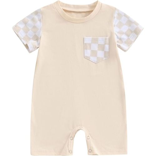 Karuedoo Newborn Baby Girl Clothes Checkered Plaid Romper Jumpsuit Short Sleeve One-Piece Bodysuit Infant Summer Outfit