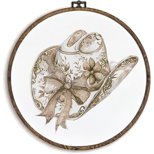 KFXHANGD Coquette Western Cowgirl Hat Round Wall Art Framed, Vintage Cowgirl Canvas Wall Art Decor, Bgige Preppy Western Hanging Decor for Bedroom Living room, 10x10inch