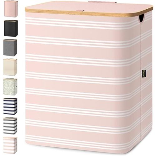 BALEINE Laundry Hamper with Lid, Tall Laundry Baskets with Bamboo Pull Handles, Large Laundry Bin with Internal Support (36 Gal/140L, Pink Pinstripe)