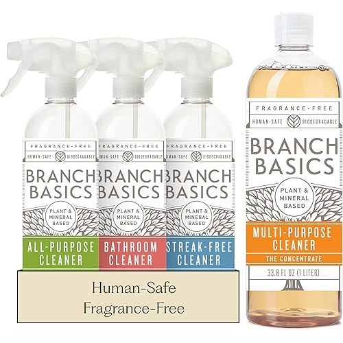Branch Basics Cleaning Essentials Kit: All Purpose, Glass and Bathroom Cleaner - Concentrate (33.8 Oz) (17 Refills) + Refillable Plastic Spray Bottles (24 Oz) Plant Based, Human-Safe, & Fragrance Free