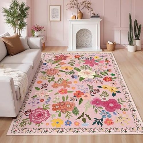 Pink Floral Rug 5x7 Washable Rugs for Girls Bedroom Living Room