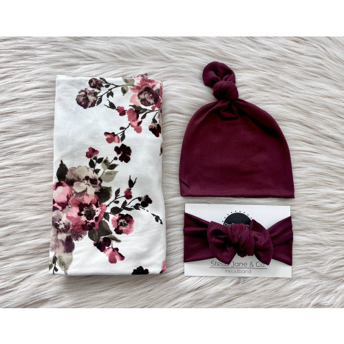 Floral Baby Swaddle Set: Wine Headband & Blanket, Photo Prop