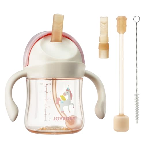 Joypony Sippy Straw Cups for Toddlers 1-3, Spill-Proof Baby Cups, 6 oz Pink | PPSU Weighted Straw Cup for 6 Months+, Toddler Water Bottle with Straw, Leak Proof Toddler Cups 2 Silicone Straws, BPA-Free