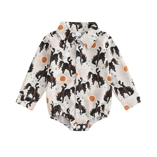 Pybcvrrd Western Newborn Baby Boy Outfit Cow Horse Print Shirt Romper Long Sleeve Button Down Bodysuit Fall Gentleman Clothes