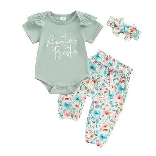 Aunties Bestie Baby Clothes Girl Baby Girl Aunt Saying Letter Romper Shirt Floral Flare Pants Headband 3Pcs Outfit