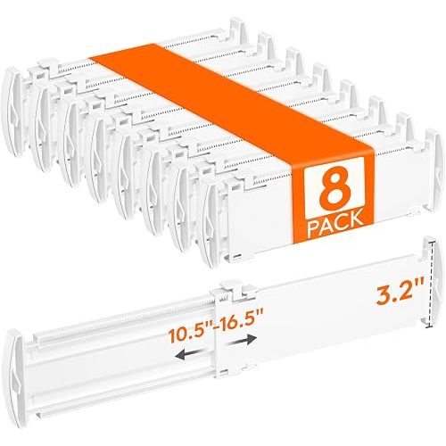 Lifewit Drawer Dividers for Clothes, 3.2" High 10.5"-16.5" Expandable Dresser Drawer Organizers, Adjustable White Plastic Separators for Kitchen, Cabinet, Nursery, Socks & Underwear Storage, 8 Pack