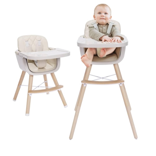 Mallify 3-in-1 Convertible Wooden High Chair, High Chairs for Babies and Toddlers, Baby High Chair with Adjustable Legs & Dishwasher Safe Tray, Made of Sleek Hardwood & Premium Leatherette, Beige