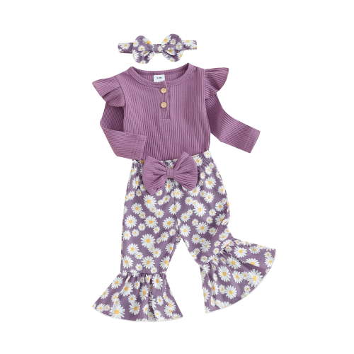 Loicainy Baby Toddler Girls 3 Piece Flare Pants Outfits 3 6 9 12 18 Months Ribbed Long Sleeves Romper and Daisy Print Elastic Pants Headband Set Fall Spring Clothes Set