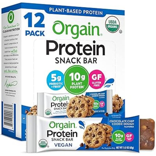 Orgain Organic Vegan Protein Bars, Chocolate Chip Cookie Dough - 10g Plant Based Protein, Low Calorie Healthy Snacks, No Lactose or Soy Ingredients, Gluten Free, Non-GMO - 1.41 Oz (Pack of 12)