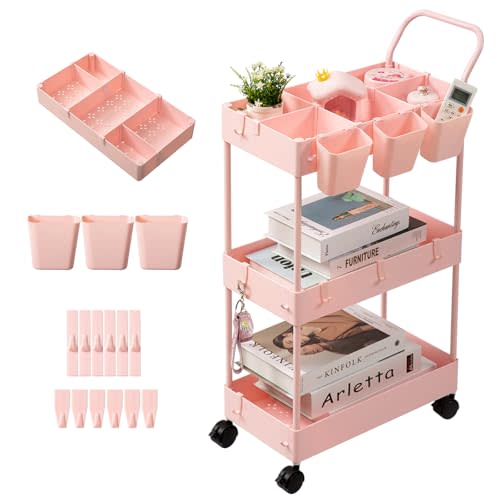 danpinera Slim Storage Cart, 3 Tier Narrow Rolling Cart on Wheels Bathroom Organizer with Dividers Handle Hanging Cups Hooks for Laundry Room Kitchen Small Spaces, Pink
