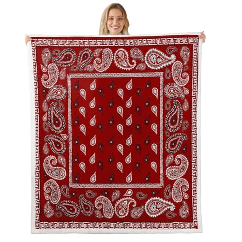 Manfei Burgundy Bandana Throw Blanket Boho Paisley Bandanas Fleece Blanket Bohemian Chic Floral Cozy Throws for Bed Couch Sofa,Kids Boys Girls Room Decor,Soft and Breathable(50 x 60 Inches)