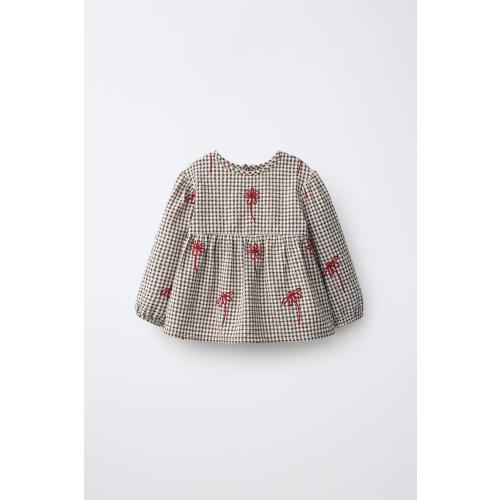 EMBROIDERED FLORAL GINGHAM BLOUSE - Chocolate | ZARA United States