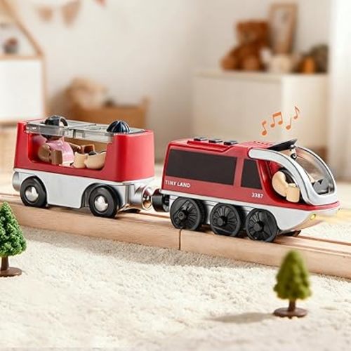 Tiny Land Battery Operated Action Locomotive Train - Powerful Engine Bullet Train Set Compatible with Major Brand Tracks - Battery Powered Track Toys for Toddlers Boys Girls Kids 3 4 5 - Red