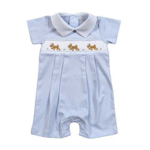 DOG-333 DOGS BLUE HAND SMOCKED PIMA ROMPER