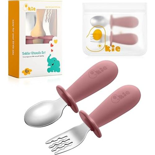 Toddler Utensils, Toddler Forks and Spoons, Baby Spoons Self Feeding, Stainless Steel Baby Silverware with BPA Free Silicone Easy Grip, 8 Months+