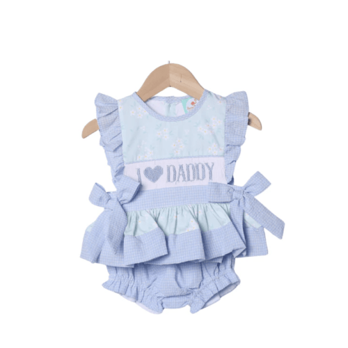 Smocked I Love Daddy Blue and Green Floral Bloomer Set