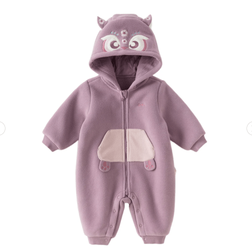 Dave&Bella Animal-shaped Soft Fleece Hooded Romper, Purple Owl, 6-9mo