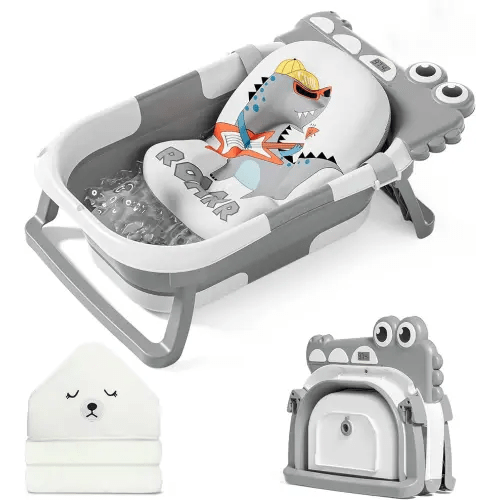 MoreFeel Collapsible Baby Bathtub for Newborn with Thermometer & 1 Hooded Towel & 1 Soft Floating Cushion,Portable Travel Bathtub with Drain Hole, Durable Foldable Baby Tubs for Infants to Toddler