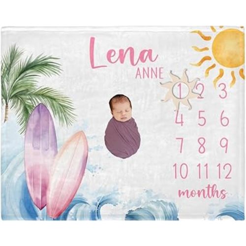 Customized Baby Months Blanket for Girl, Girl Surfer Milestone Blanket, Beach Monthly Newborn Throw, Ocean Waves Blanket's, Newborn Shower Gift, Baby's Gift, Ocean Milestone Throw