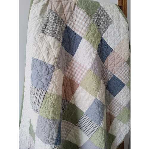 Handmade Baby Boy Quilt: Green Blue Gray Classic Patchwork - Quilted Blanket - Heirloom Keepsake