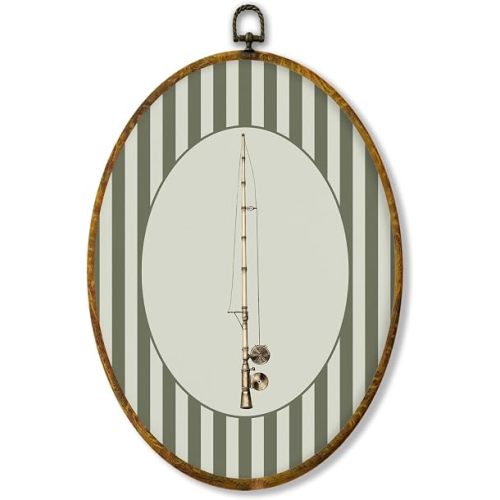 shiviody Vintage Fishing Rod Nursery Canvas Wall Art Decor, Green Striped Nursery Decor, Lake Cabin Outdoor Oval Hanging Frame Prints Decorations for Home Kids Toddler Room Bedroom Playroom 8.6"x11.4"