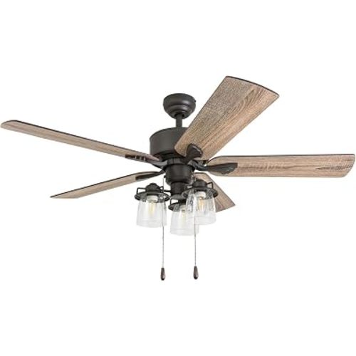 Prominence Home River Run 52" Farmhouse LED Ceiling Fan with Light and Pull Chain, Bronze - Large Indoor Electric Fan with 3 Mounting Options, 5 Dual Finish Blades, and Reversible Motor