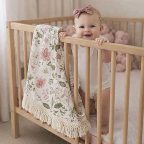 Floral Baby Blanket | Boho Baby Bedding | Vintage Botanical Nursery Blanket | Soft Cotton Crib Throw | Newborn Muslin Swaddle For Girls