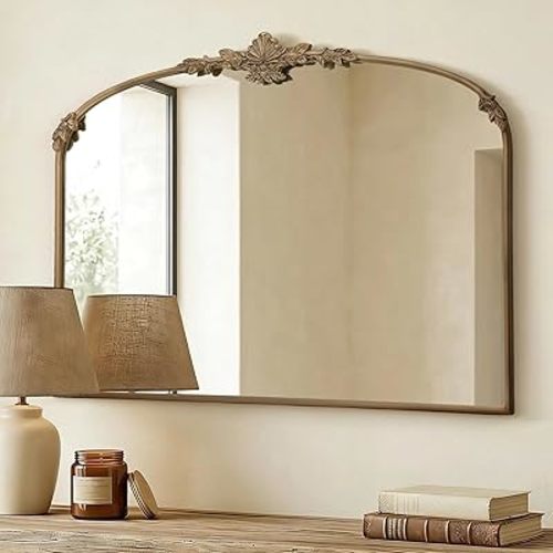 Besdomus Antique Arched Gold Mirror: 40"x30" Vintage Brass Metal Framed Wall Mirror - Baroque Traditional Ornate for Living Room/Fireplace/Bathroom- Home Decor for Homemakers