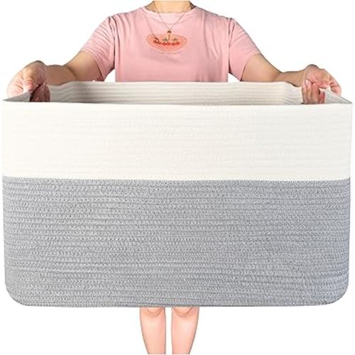 MINTWOOD Design 22in Extra Large Blanket Basket Holder Living Room, Towel Shoe Basket, Laundry Basket, Rectangle Rope Woven Storage Baskets with Handles, Dog Toy Basket Organizer Bin Box, Gray