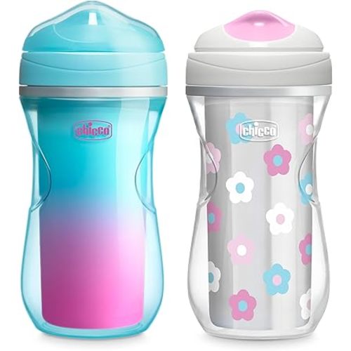 Chicco Insulated Sippy Cup 12+ Months, 9oz Toddler Training Cup with Bite-Resistant No-Spill Rim Spout, Double-Wall, BPA-Free, 2-Pack, Teal/Pink/Floral