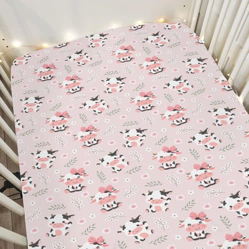Cute Cow Pink Bows Baby Crib Sheets for Boy Girl 28"x52" Cartoon Cows with Flowers Leaves Soft Snug Fitted Crib Mattress Cover Farm Animals Nursery Baby Sheet for Standard Crib & Toddler Mattress Pad
