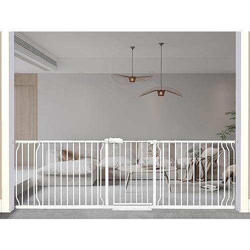 Heavy Duty Baby & Dog Safety Gate 86-104.7 Inch, White Metal, Tension Mounted No Drilling Pet Gate for Large Openings
