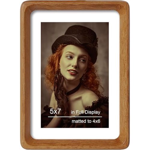 5x7 Picture Frame Natural Teak Wood with Mat for 4x6, Original Natural Solid Wood 5 by 7 Photo Frames with Tempered Glass Cover for Wall and Tabletop Display