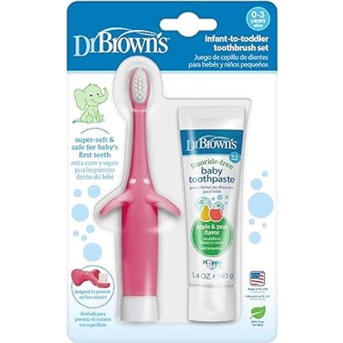 Dr. Brown's Infant-to-Toddler Training Toothbrush Set, Pink Elephant with Fluoride-Free Apple Pear Baby Toothpaste, 0-3 years (Colors May Vary)